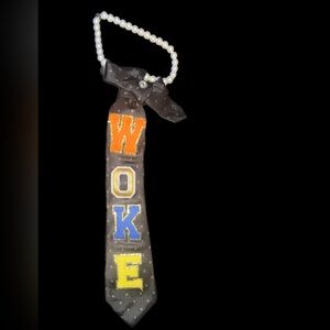 Pearl-Beaded Black Novelty Tie Necklace with Colorful 'WOKE' Patch